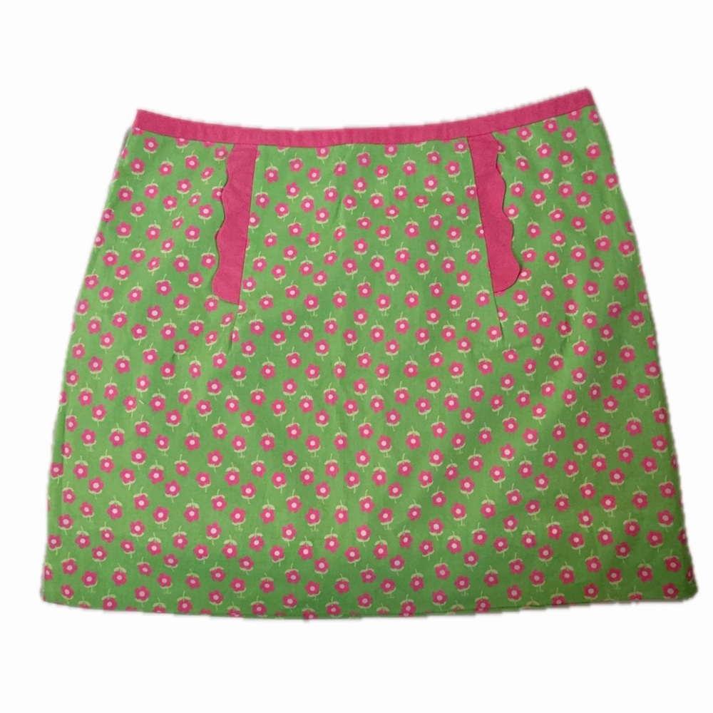 Lilly Pulitzer Green Pink Floral 100% Cotton Mini Skirt Size 10